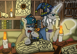 Size: 1744x1225 | Tagged: safe, artist:duckyworth, imported from derpibooru, star swirl the bearded, stygian, pony, unicorn, book, candle, library, male, scroll, stallion, yawn