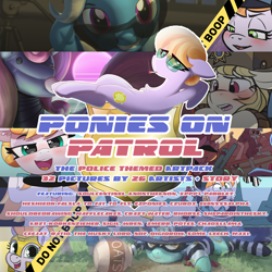 Size: 3000x3000 | Tagged: safe, imported from derpibooru, copper top, lyra heartstrings, march gustysnows, sweetie belle, trixie, earth pony, pony, robot, unicorn, art pack:ponies on patrol, advertisement, art pack, badge, cover art, featured image, female, food, hamburglar, mare, oats, police, police hat, police officer, police tape, police uniform, sweetie bot