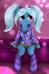 Size: 2456x3684 | Tagged: safe, artist:darksly, imported from derpibooru, trixie, pony, unicorn, alternate hairstyle, babysitter trixie, candy, clothes, cute, diatrixes, female, food, gameloft, gameloft interpretation, hoodie, lollipop, mare, mouth hold, pigtails, sitting, socks, solo, striped socks