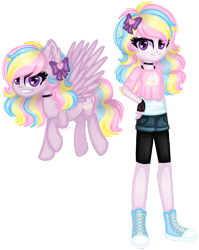 Size: 1280x1611 | Tagged: safe, artist:fantarianna, imported from derpibooru, pinkie pie, rainbow dash, oc, oc only, oc:rainbow pie, human, pegasus, pony, equestria girls, bow, choker, clothes, converse, equestria girls-ified, female, fingerless gloves, flying, fusion, gloves, hair bow, hand on hip, human and pony, human ponidox, multicolored hair, multicolored mane, multicolored tail, purple eyes, purple skin, self ponidox, shoes, shorts, simple background, sneakers, solo, solo female, tomboy, transparent background