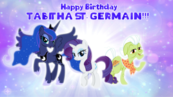 Size: 1280x719 | Tagged: safe, artist:andoanimalia, imported from derpibooru, granny smith, princess luna, rarity, alicorn, earth pony, pony, unicorn, birthday, tabitha st. germain, voice actor, voice actor joke