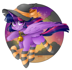 Size: 1920x1865 | Tagged: safe, artist:sk-ree, imported from derpibooru, twilight sparkle, alicorn, pony, bell, bell collar, clothes, collar, halloween, hat, holiday, simple background, socks, solo, striped socks, transparent background, twilight sparkle (alicorn), witch hat