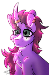 Size: 388x591 | Tagged: safe, artist:moonlightdisney5, artist:thatonefluffs, imported from derpibooru, oc, oc only, oc:prince, pony, unicorn, curved horn, fluffy, horn, horn ring, jewelry, kinnie, kinsona, ring, scar, serious, simple background, solo, transparent background