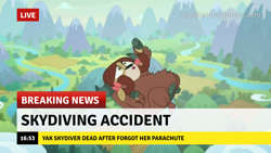 Size: 1280x720 | Tagged: safe, edit, edited screencap, imported from derpibooru, screencap, yona, yak, school raze, :o, bow, break your own news, breaking news, cloven hooves, female, grammar error, hair bow, implied death, monkey swings, op is a duck, op is a mallard, open mouth, this ended in death, too dumb to live, yonabuse