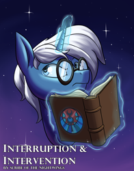 Size: 2200x2800 | Tagged: safe, artist:rocket-lawnchair, imported from derpibooru, oc, oc only, oc:astral ink, pony, unicorn, book, bust, fanfic, fanfic art, fanfic cover, solo