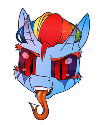 Size: 794x1000 | Tagged: safe, alternate version, artist:dacaoo, imported from derpibooru, rainbow dash, demon, demon pony, original species, black sclera, demon dash, drool, drool string, fangs, forked tongue, gray background, head only, horn, horn piercing, horns, long tongue, piercing, simple background, slit eyes, slit pupils, species swap, tongue out, transparent background