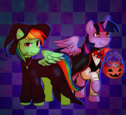 Size: 1200x1100 | Tagged: safe, artist:poofindi, imported from derpibooru, rainbow dash, twilight sparkle, alicorn, candy bag, clothes, costume, dracula, dracula costume, halloween, halloween costume, holiday, looking at you, magic, simple background, twilight sparkle (alicorn), witch costume