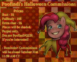 Size: 1200x971 | Tagged: safe, artist:poofindi, imported from derpibooru, pinkie pie, advertisement, commission, commission info, halloween, halloween commission, holiday