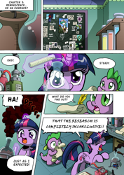 Size: 1204x1700 | Tagged: safe, artist:tarkron, imported from derpibooru, spike, twilight sparkle, alicorn, dragon, pony, comic:the royal sandal, beaker, bunsen burner, comic, quill, scroll, test tube, twilight sparkle (alicorn)