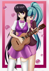Size: 1175x1701 | Tagged: safe, artist:scs-g3-n17, imported from derpibooru, octavia melody, sonata dusk, human, equestria girls, breasts, busty octavia, busty octavia melody, clothes, cute, guitar, human coloration, humanized, musical instrument, socks, sonatabetes, sontavia, stockings, thigh highs