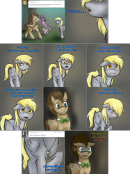Size: 2254x3006 | Tagged: safe, artist:jitterbugjive, imported from derpibooru, amethyst star, derpy hooves, dinky hooves, doctor whooves, sparkler, time turner, pegasus, pony, unicorn, ask discorded whooves, ask, bags under eyes, bowtie, crying, dialogue, discord whooves, doctor whooves is not amused, female, filly, jewelry, key, male, mare, necklace, race swap, sad, sparkles, stallion, tears of fear, tears of sadness, teenager, this will end in tears, this will not end well, tree, trio, tumblr comic, unshorn fetlocks