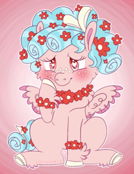Size: 661x861 | Tagged: safe, artist:rain/jackie, imported from derpibooru, cozy glow, pegasus, pony, blushing, bracelet, cozybetes, cute, female, filly, floral necklace, flower, flower in hair, flower necklace, fluffy, heart eyes, jewelry, signature, solo, wingding eyes