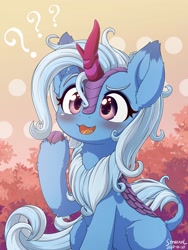 Size: 1500x2000 | Tagged: safe, artist:symbianl, imported from derpibooru, trixie, kirin, :3, blushing, confused, cute, cute little fangs, diatrixes, ear fluff, fangs, female, fluffy, hoof fluff, kirin trixie, kirin-ified, leg fluff, looking at you, mare, open mouth, sitting, smiling, solo, species swap