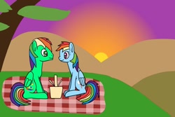 Size: 1280x854 | Tagged: safe, artist:platinumdrop, imported from derpibooru, rainbow dash, oc, oc:oliver, pegasus, canon x oc, female, male, mare, olidash, picnic, request, shipping, stallion, straight, sunset