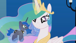 Size: 1366x768 | Tagged: safe, artist:agrol, imported from derpibooru, princess celestia, princess luna, alicorn, pony, glowing horn, horn, it's hard to be a princess, magic, plushie, size difference, telekinesis, youtube link