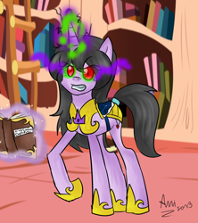 Size: 800x900 | Tagged: safe, artist:xanikrawlerlazarx, imported from derpibooru, oc, oc only, oc:crownheart, pony, unicorn, armor, book, boots, clothes, dark magic, glowing horn, golden oaks library, horn, magic, shoes, solo, sombra eyes, tack, unicorn oc