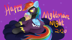 Size: 1280x720 | Tagged: safe, artist:jbond, imported from derpibooru, rainbow dash, pegasus, pony, candy, candy bag, clothes, cloud, cloudy, costume, eating, female, food, halloween, holiday, lying down, mare, nightmare night, postcard, prone, shadowbolt dash, shadowbolts costume, solo, solo female, text