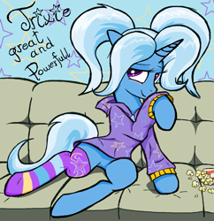 Size: 1085x1119 | Tagged: safe, artist:sallycars, imported from derpibooru, trixie, pony, unicorn, alternate hairstyle, babysitter trixie, blushing, clothes, couch, featureless crotch, female, food, gameloft, gameloft interpretation, hoodie, mare, misspelling, pigtails, popcorn, raised hoof, socks, solo, striped socks, trixie day