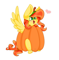 Size: 1123x1127 | Tagged: safe, artist:daringpineapple, imported from derpibooru, oc, oc only, oc:phoenix feather, pegasus, pony, clothes, costume, female, food, food costume, halloween, heart, holiday, pumpkin, pumpkin costume, simple background, solo, transparent background