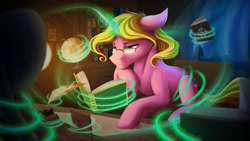 Size: 1024x576 | Tagged: safe, artist:klarapl, imported from derpibooru, oc, oc only, oc:bright star, pony, unicorn, book, bookshelf, chair, commission, desk, female, glasses, globe, inkwell, lidded eyes, magic, mare, quill, quill pen, reading, sitting, solo, telekinesis