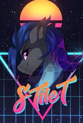 Size: 2000x2935 | Tagged: safe, artist:redchetgreen, imported from derpibooru, neon lights, rising star, oc, oc only, earth pony, pony, blue mane, bust, earth pony oc, grid, long mane, long mane male, neon, pink eyes, solo