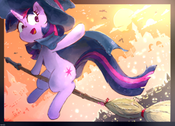 Size: 1600x1149 | Tagged: safe, artist:fuyugi, artist:nendo, imported from derpibooru, twilight sparkle, pony, unicorn, broom, cape, clothes, cute, female, flying, flying broomstick, full moon, halloween, hat, holiday, jack-o-lantern, mare, moon, open mouth, pumpkin, sitting, sky, solo, twiabetes, unicorn twilight, witch, witch hat, wizard hat