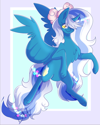 Size: 632x788 | Tagged: safe, artist:pickled_thyme, imported from derpibooru, oc, oc only, oc:fleurbelle, alicorn, pony, alicorn oc, blue background, bow, chest fluff, female, fetlock tuft, hair bow, horn, mare, simple background, smiling, solo, wingding eyes, wings, yellow eyes
