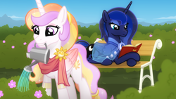 Size: 1920x1080 | Tagged: safe, artist:whitequartztheartist, imported from derpibooru, princess celestia, princess luna, alicorn, pony, bench, book, brooch, cape, clothes, female, flower, garden, mare, mouth hold, reading, retired, retirement, royal sisters, royalty, scarf, siblings, sisters