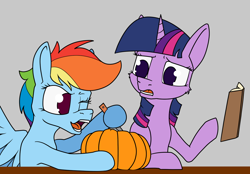 Size: 1294x900 | Tagged: safe, artist:dacaoo, imported from derpibooru, rainbow dash, twilight sparkle, pegasus, pony, book, carving, duo, halloween, holiday, knife, one eye closed, pumpkin
