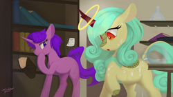 Size: 5120x2880 | Tagged: safe, artist:twiwhite, imported from derpibooru, oc, oc only, oc:molly jasmine, oc:seven sister, kirin, pony, unicorn, amazed, book, bookshelf, duo, female, females only, flask, halo, kirin-ified, smiley face, smiling, species swap, spill