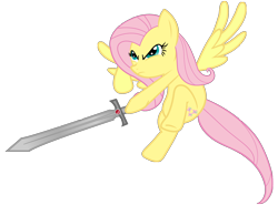 Size: 1700x1260 | Tagged: safe, imported from derpibooru, fluttershy, pegasus, pony, angry, badass, flutterbadass, hoof hold, simple background, solo, sword, transparent background, vector, weapon