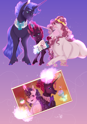 Size: 948x1351 | Tagged: safe, artist:bunnari, imported from derpibooru, fizzlepop berrytwist, sugar belle, tempest shadow, oc, pony, female, filly, headcanon, parent, photo, siblings, sisters, what if