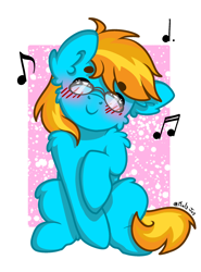 Size: 1440x1944 | Tagged: safe, artist:minty joy, imported from derpibooru, oc, oc only, oc:4everfreebrony, earth pony, pony, 4everfreebrony, abstract background, blushing, chest fluff, cute, ear fluff, fluffy, happy, leg fluff, music notes, simple background, sitting, smiling, solo