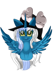 Size: 730x992 | Tagged: safe, artist:sakimiaji, imported from derpibooru, oc, oc only, oc:fleurbelle, alicorn, pony, adorabelle, alicorn oc, bow, commission, cute, female, hair bow, hat, horn, looking at you, mare, simple background, solo, transparent background, wingding eyes, wings, witch hat, ych result