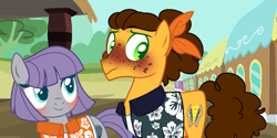 Size: 1186x594 | Tagged: safe, artist:meimelland, imported from derpibooru, cheese sandwich, maud pie, earth pony, alternate universe, base used, blushing, blushing profusely, clothes, colored pupils, female, freckles, hawaiian shirt, male, maudwich, shipping, shirt, smiling, straight, train, wavy mouth