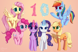 Size: 3000x2000 | Tagged: safe, artist:0okami-0ni, imported from derpibooru, applejack, fluttershy, pinkie pie, rainbow dash, rarity, twilight sparkle, alicorn, earth pony, pegasus, pony, unicorn, 10, colored pupils, cute, ear fluff, female, flying, glowing horn, happy birthday mlp:fim, high res, horn, leg fluff, magic, mane six, mare, mlp fim's tenth anniversary, smiling, twilight sparkle (alicorn)