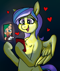 Size: 1941x2304 | Tagged: safe, artist:/d/non, artist:tacodeltaco, derpibooru exclusive, imported from derpibooru, oc, oc:heartspring, oc:star shower, earth pony, pegasus, cellphone, floating heart, happy birthday mlp:fim, heart, looking at each other, mlp fim's tenth anniversary, oc x oc, open mouth, phone, shipping, smartphone, tongue out, video call