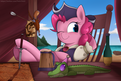 Size: 6000x4000 | Tagged: safe, artist:feital-zebra, artist:felixf, imported from derpibooru, gummy, pinkie pie, twilight sparkle, alicorn, earth pony, pony, :p, absurd resolution, arrow, bottle, chair, cider, cute, dagger, diapinkes, eyepatch, hat, hooves on the table, map, one eye closed, pinkie pirate, pirate, pirate hat, pirate pinkie pie, pirate twilight, reclining, sitting, smiling, tankard, tongue out, treasure map, twilight sparkle (alicorn), underhoof, weapon