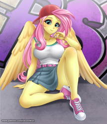 Size: 1000x1162 | Tagged: safe, alternate version, artist:racoonsan, color edit, edit, editor:drakeyc, imported from derpibooru, fluttershy, human, pegasus, equestria girls, 90s grunge fluttershy, anime, backwards ballcap, baseball cap, big breasts, breasts, busty fluttershy, cap, clothes, colored, converse, cute, equestria girls edit, female, gameloft, gameloft interpretation, graffiti, hat, humanized, lips, makeup, pixiv, schrödinger's pantsu, shoes, shyabetes, skin color edit, skirt, solo, winged humanization, wings