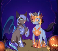 Size: 4000x3507 | Tagged: safe, artist:detectiveneko, imported from derpibooru, daybreaker, nightmare moon, oc, oc only, oc:tinker doo, bat pony, pony, unicorn, clothes, costume, female, halloween, halloween costume, holiday, mare, pumpkin