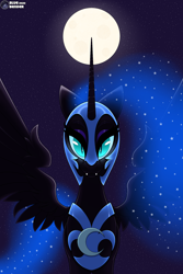 Size: 2000x3000 | Tagged: safe, artist:bluebender, imported from derpibooru, nightmare moon, alicorn, pony, armor, glowing eyes, helm, looking at you, moon, moonlight, nightmare night, solo, stars, wings
