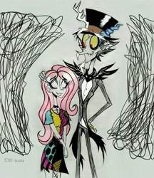 Size: 2607x3011 | Tagged: safe, artist:citi, imported from derpibooru, discord, fluttershy, human, abstract background, duo, halloween, holiday, humanized, the nightmare before christmas, traditional art