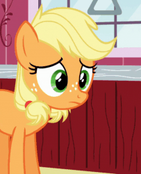 Size: 690x850 | Tagged: safe, imported from derpibooru, screencap, applejack, earth pony, pony, where the apple lies, animated, context is for the weak, cropped, double mane, female, floppy ears, freckles, gif, invisible stallion, open mouth, out of context, solo, teenage applejack, teenager, the implications are horrible