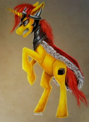 Size: 2139x2952 | Tagged: safe, artist:cahandariella, imported from derpibooru, king sombra, oc, pony, unicorn, armor, cape, clothes, colored pencil drawing, cosplay, costume, male, ponysona, solo, stallion, traditional art