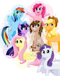 Size: 1271x1606 | Tagged: safe, artist:twin-fan, imported from derpibooru, applejack, fluttershy, pinkie pie, rainbow dash, rarity, twilight sparkle, oc, alicorn, earth pony, pegasus, pony, unicorn, alicorn oc, chest fluff, female, hat, horn, lying down, mane six, mare, prone, simple background, transparent background, unicorn twilight, unshorn fetlocks, wings