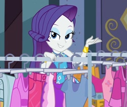Size: 1476x1242 | Tagged: safe, imported from derpibooru, screencap, rarity, equestria girls, equestria girls series, street chic, spoiler:eqg series (season 2), bracelet, clothes, clothes rack, cropped, cute, eyeshadow, female, geode of shielding, jewelry, lidded eyes, looking at you, magical geodes, makeup, rarity peplum dress, smiling, smiling at you, window