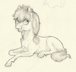 Size: 1888x1796 | Tagged: safe, artist:lady-limule, imported from derpibooru, oc, oc only, earth pony, pony, earth pony oc, female, filly, horseshoes, lineart, lying down, open mouth, prone, smiling, solo, traditional art, unshorn fetlocks