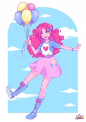 Size: 1024x1449 | Tagged: safe, artist:sharonda1, imported from derpibooru, pinkie pie, equestria girls, balloon, bow, cloud, cute, diapinkes, female, floating, hair bow, open mouth, sky, solo, then watch her balloons lift her up to the sky