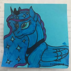 Size: 1080x1080 | Tagged: safe, artist:stargazerseven, imported from derpibooru, princess luna, alicorn, pony, ethereal mane, female, jewelry, mare, peytral, solo, starry mane, tiara, traditional art