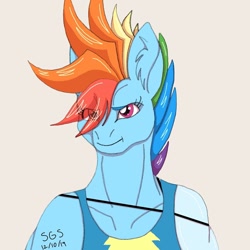 Size: 1080x1080 | Tagged: safe, artist:stargazerseven, imported from derpibooru, rainbow dash, anthro, pegasus, clothes, crossover, ear fluff, female, frown, promare, signature, simple background, solo